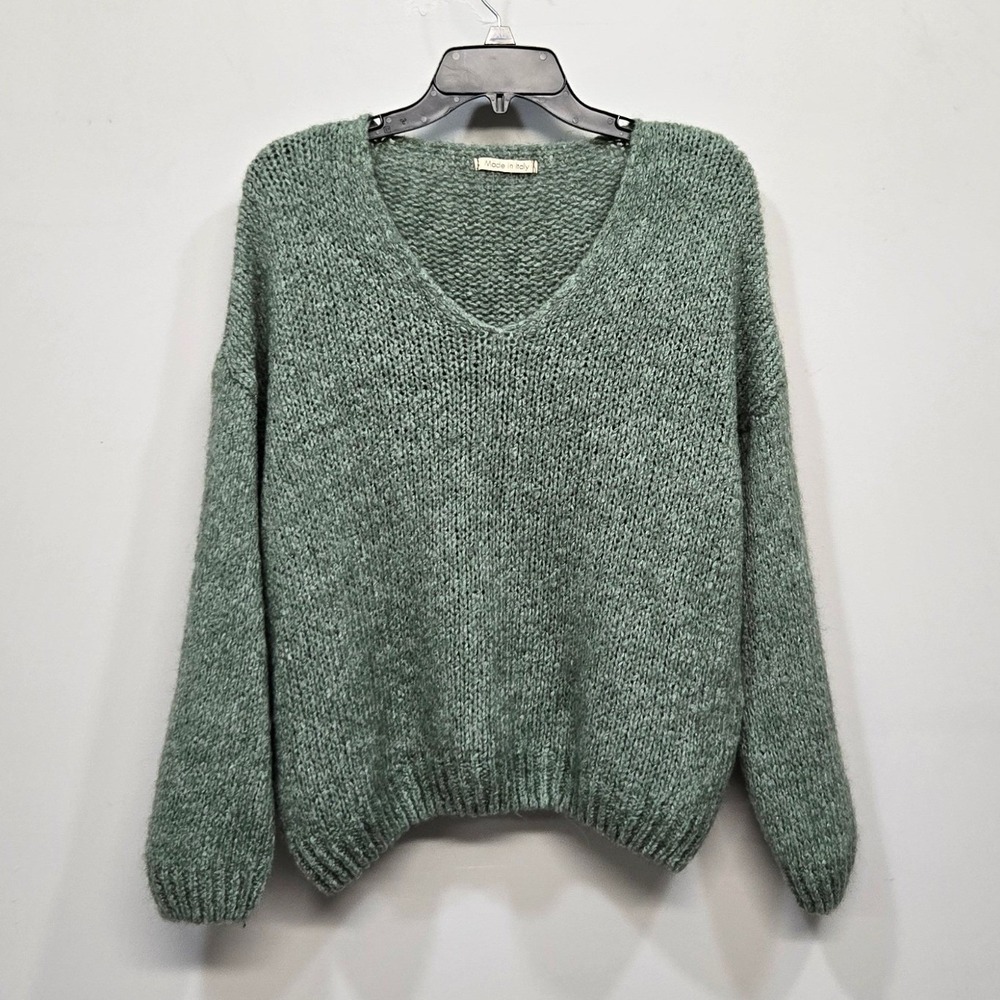 Made in Italy Oversize Sweater XL Green Mohair Wool V Neck Chunky Knit Lagenlook